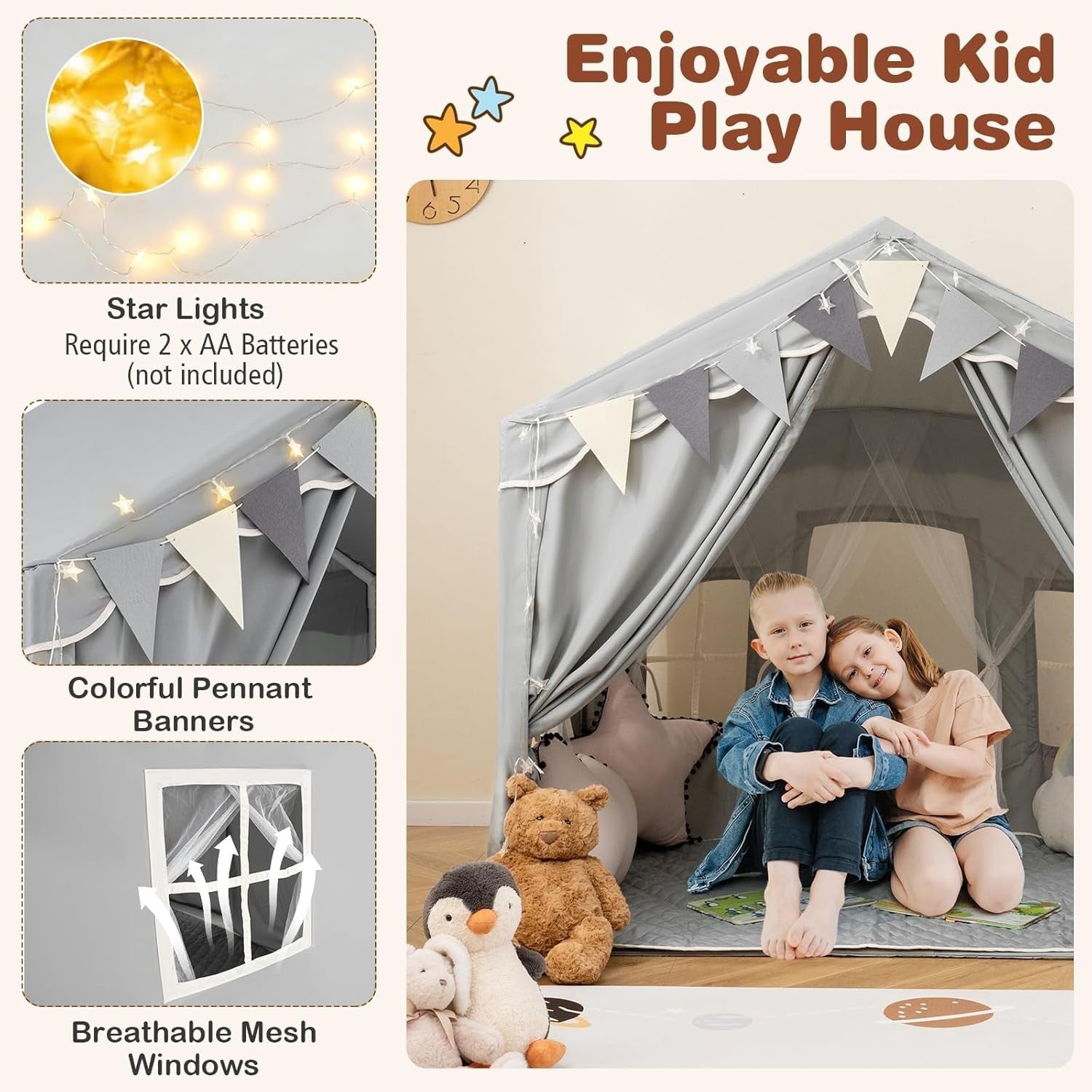 Kids Play Tent Castle Indoor w/ Star Lights Mat Windows Boys Girls Gift