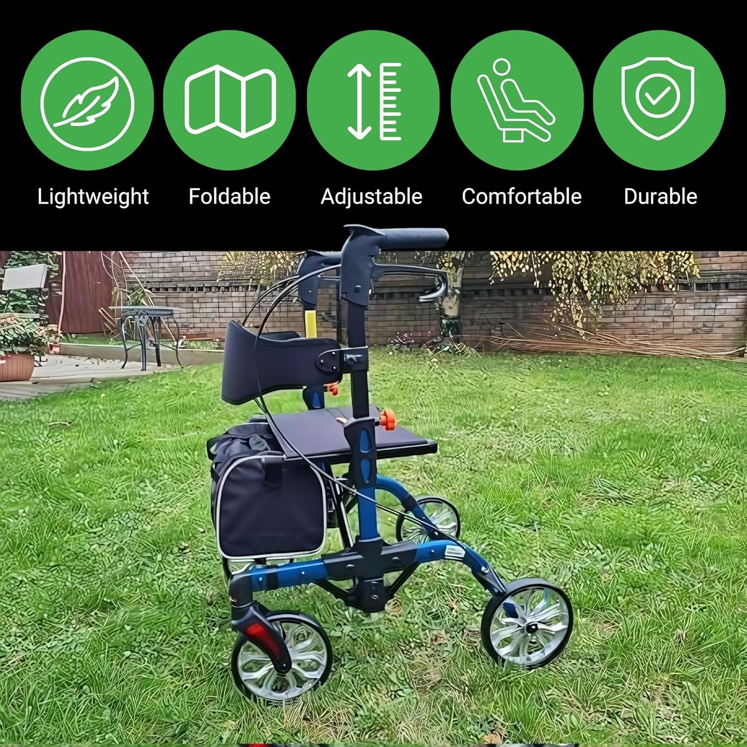 Lightweight 4 Wheel Rollator Walker with Seat Folding Adjustable Mobility Aid