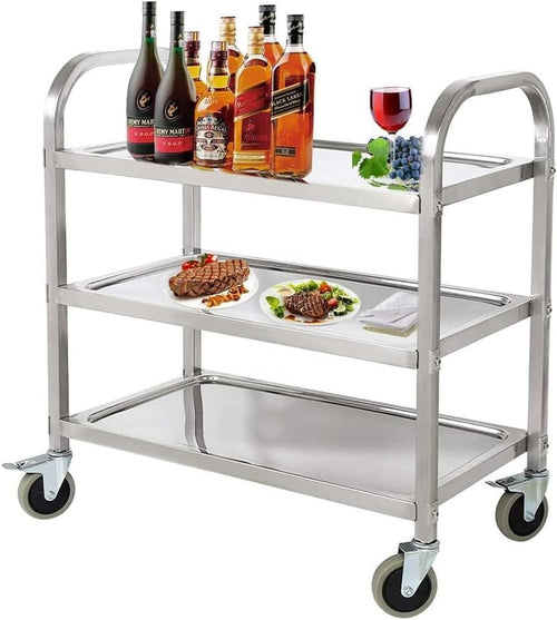 3 Tier Stainless Steel Serving Trolley Rolling Kitchen Cart Locking Wheels