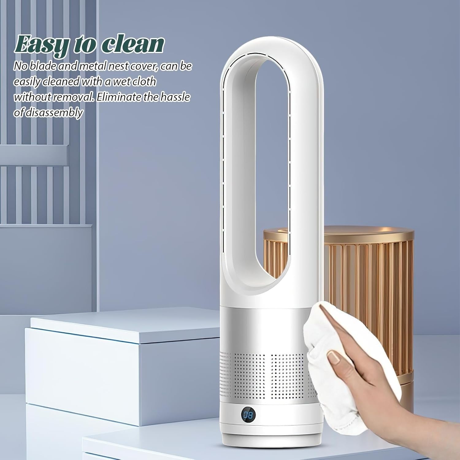 56cm Tower Fan Gold Bladeless Cooling Fan w/ Remote – 8H Timer & Air Purifier