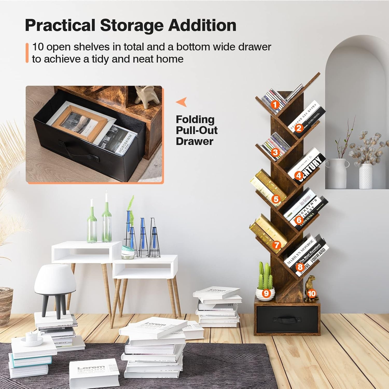 10 Tier Tree Bookshelf Tall Wooden Display Rack Freestanding Storage Unit Brown