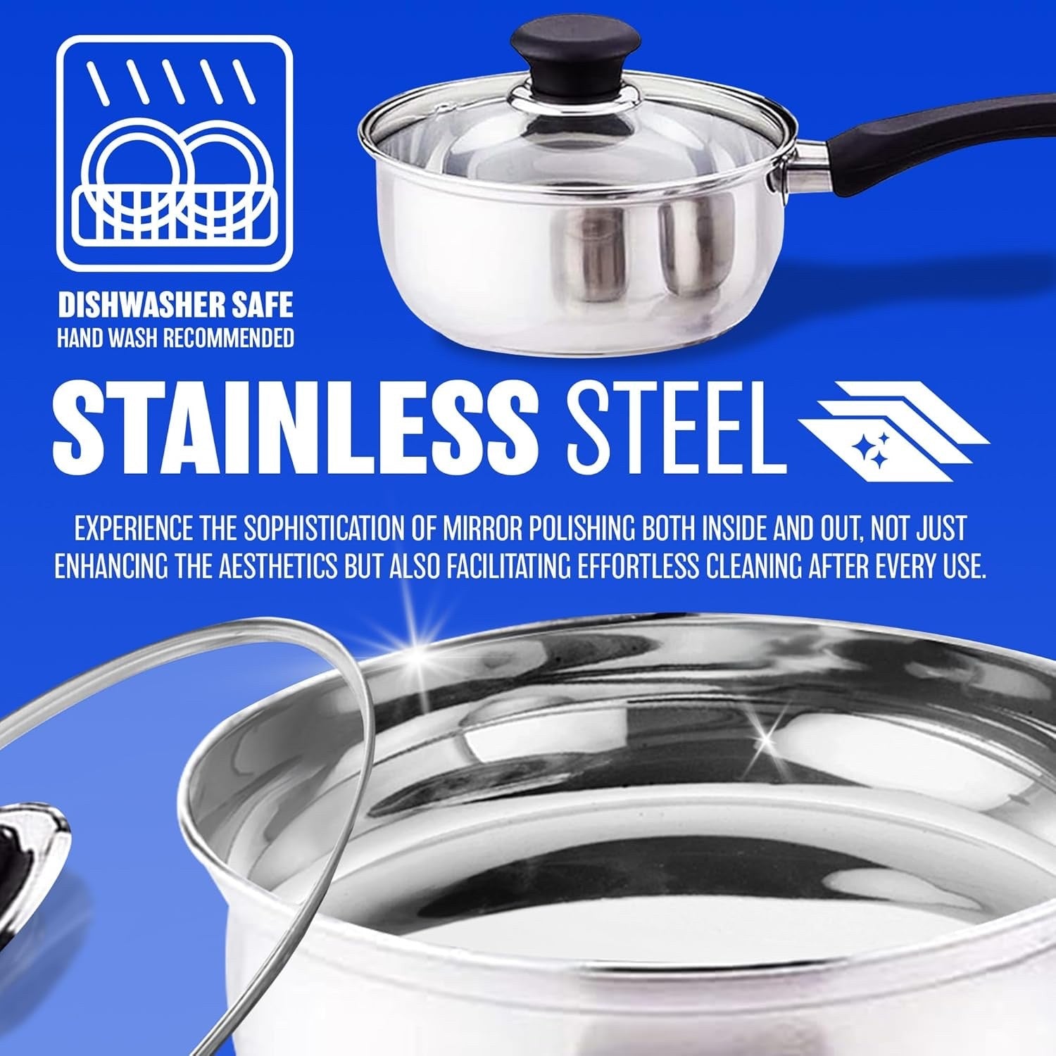 3pcs Stainless Steel Saucepan Set with Glass Lids & Heat Resistant Handles