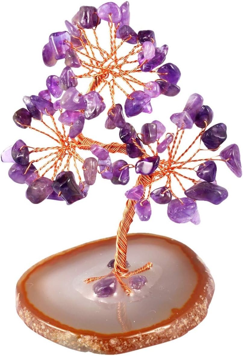 Amethyst Crystal Money Tree Ornament Healing Gemstone Decor Agate Base Gift