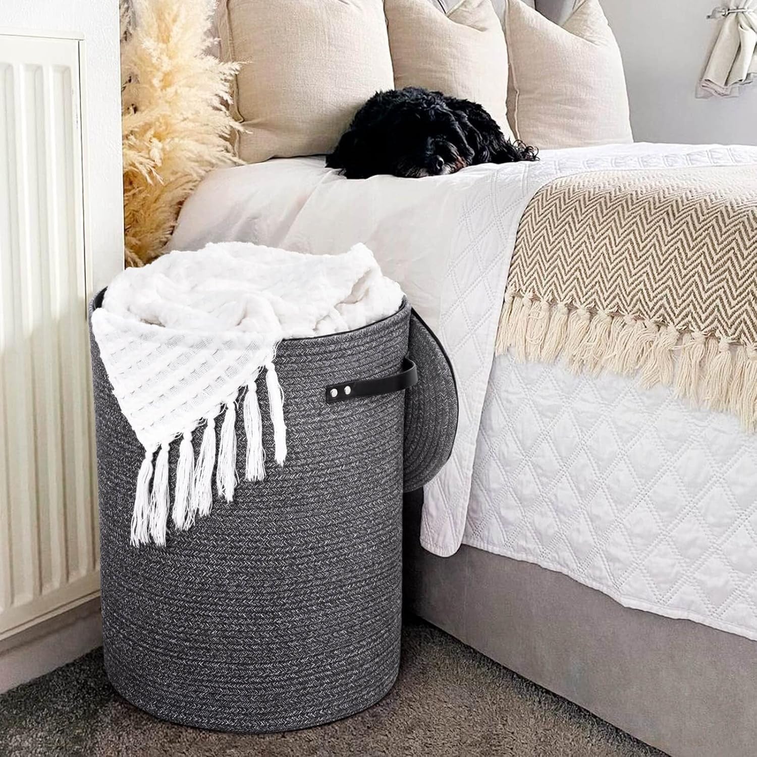 58L Tall Rope Laundry Hamper with Lid Foldable Clothes Basket Grey Storage Bin