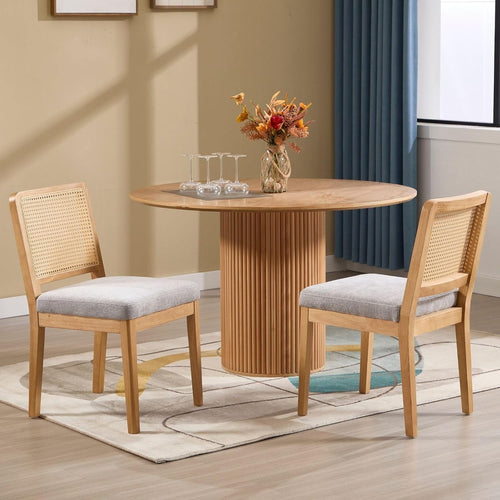 Grey Upholstered Dining Chairs Set of 2 Rattan Back Solid Wood Kitchen Seats