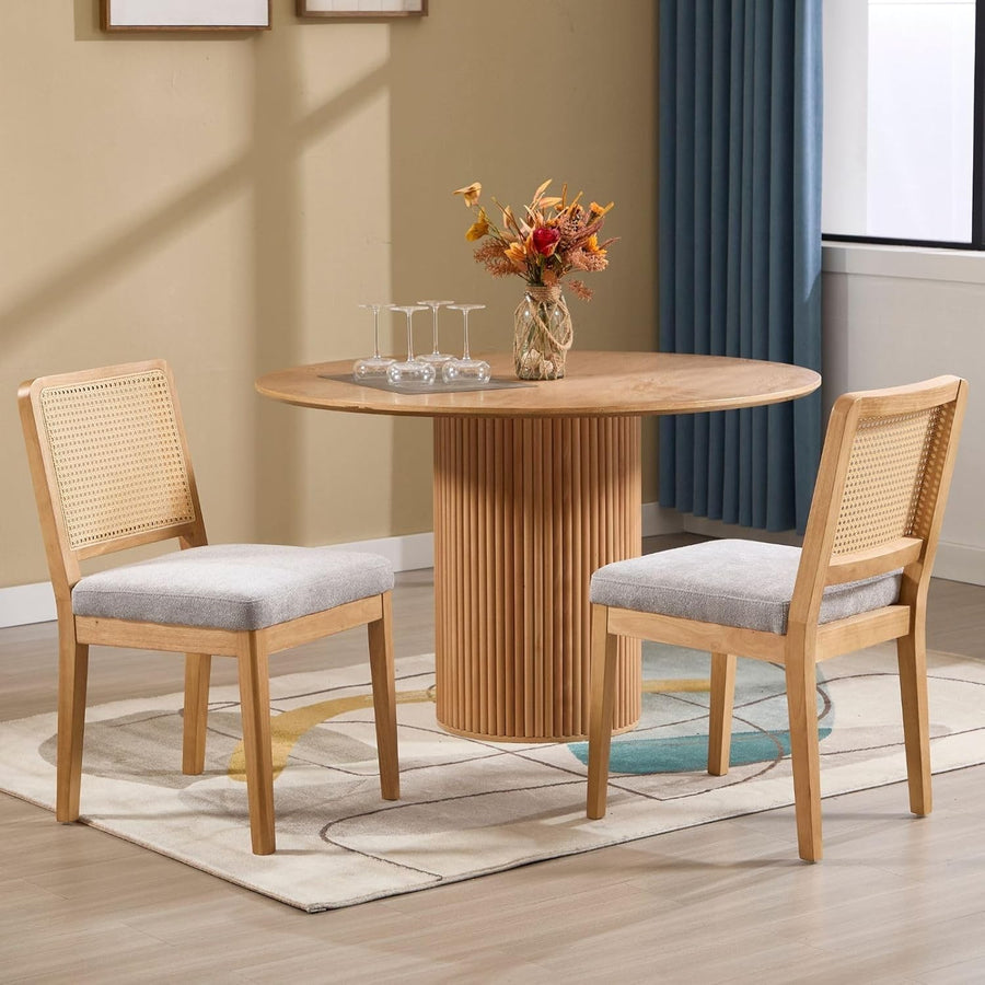 Grey Upholstered Dining Chairs Set of 2 Rattan Back Solid Wood Kitchen Seats
