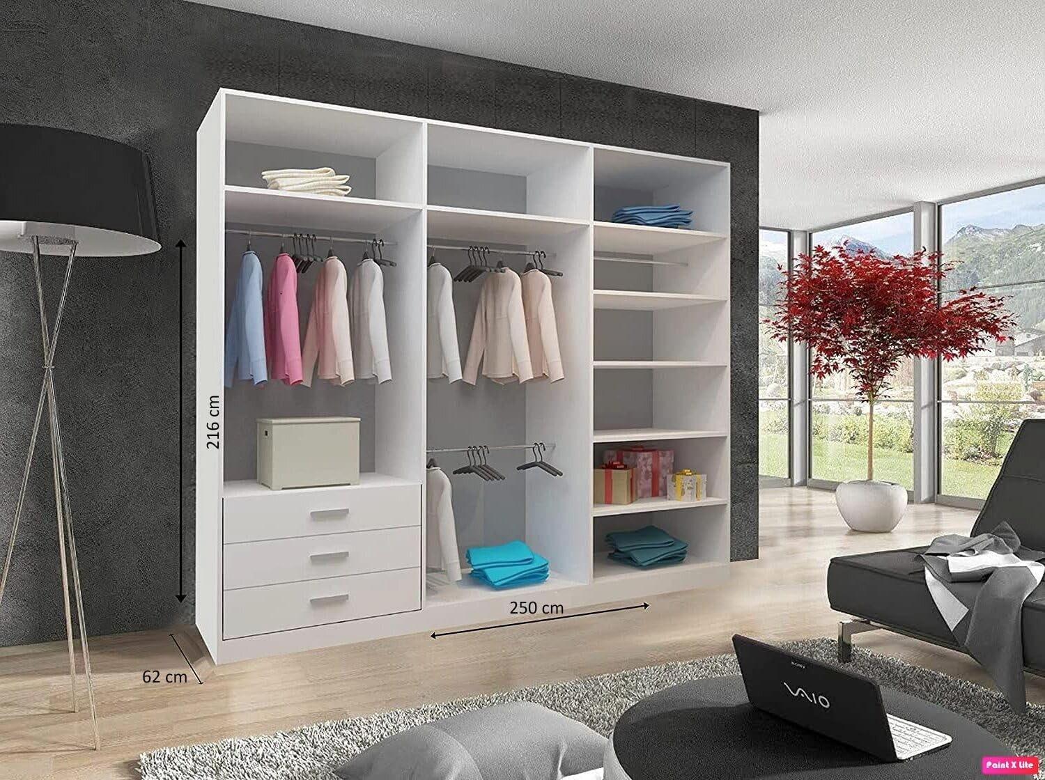 White Sliding Wardrobe 250cm LED Light Spacious Bedroom Storage Modern