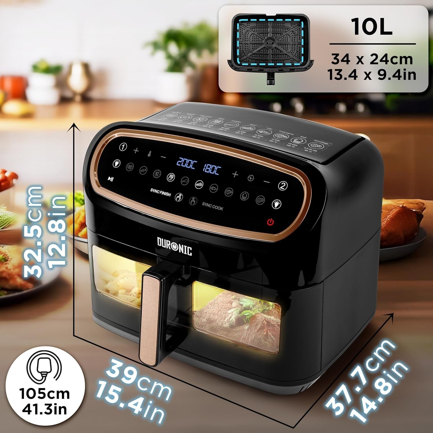 XL Dual-Zone Digital Air Fryer 10L Family Size Viewing Window 2400W Fast Cooking