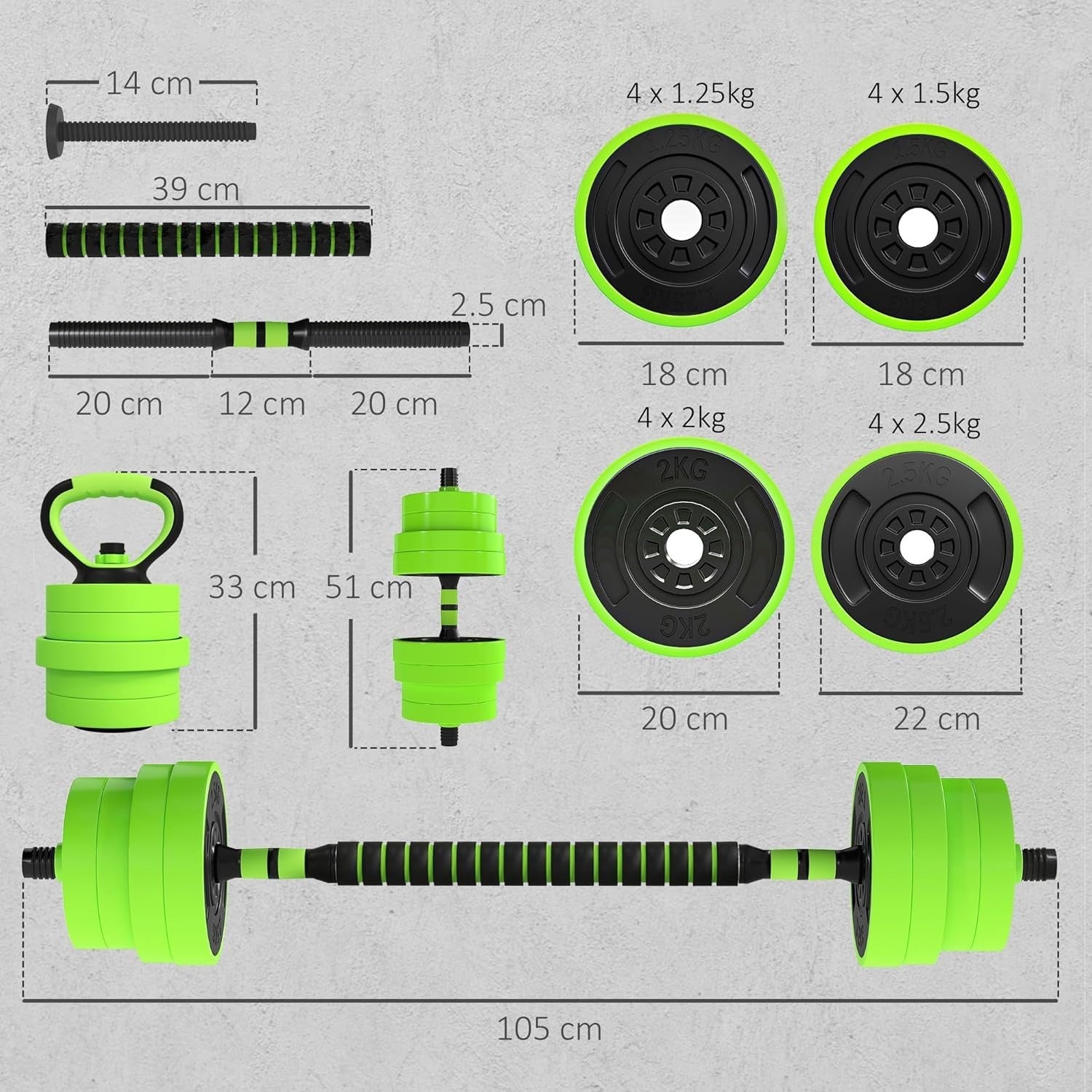 30kg 6-in-1 Adjustable Home Gym Weights Dumbbell Barbell Kettlebell Set