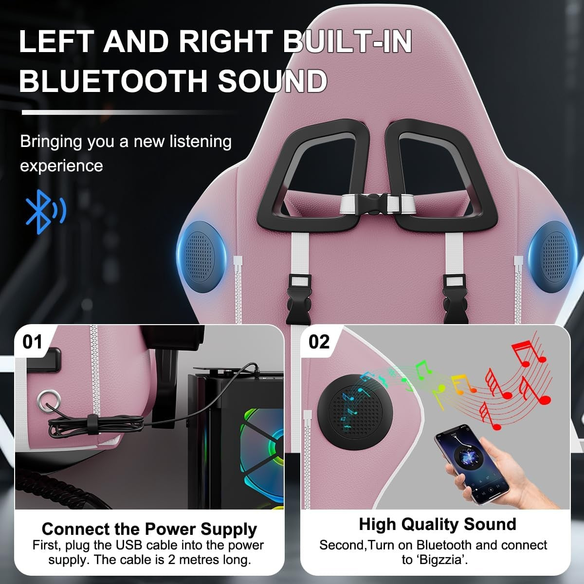 Gaming Chair Pink w/ Bluetooth Speakers Reclining Ergonomic