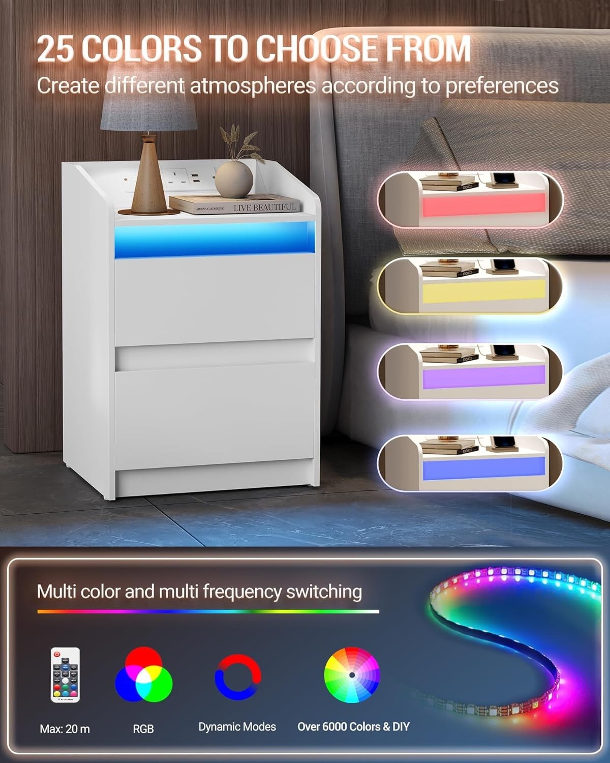 Set of 2 LED Bedside Tables with USB Charging Station Modern White Drawers