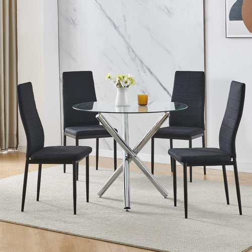 Modern Round Glass Dining Table with 4 Black Linen Chairs – Small Space Set