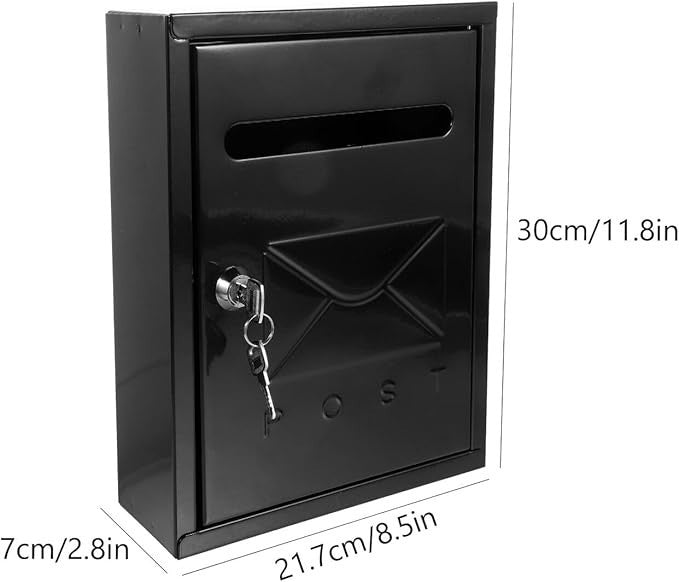 Lockable Wall Mount Mailbox Black Metal Weatherproof Post Box for Home Garden