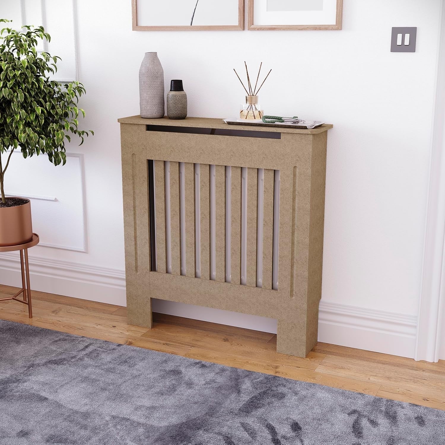Small Unfinished Radiator Cover Cabinet | Modern Slatted MDF Heater Cover