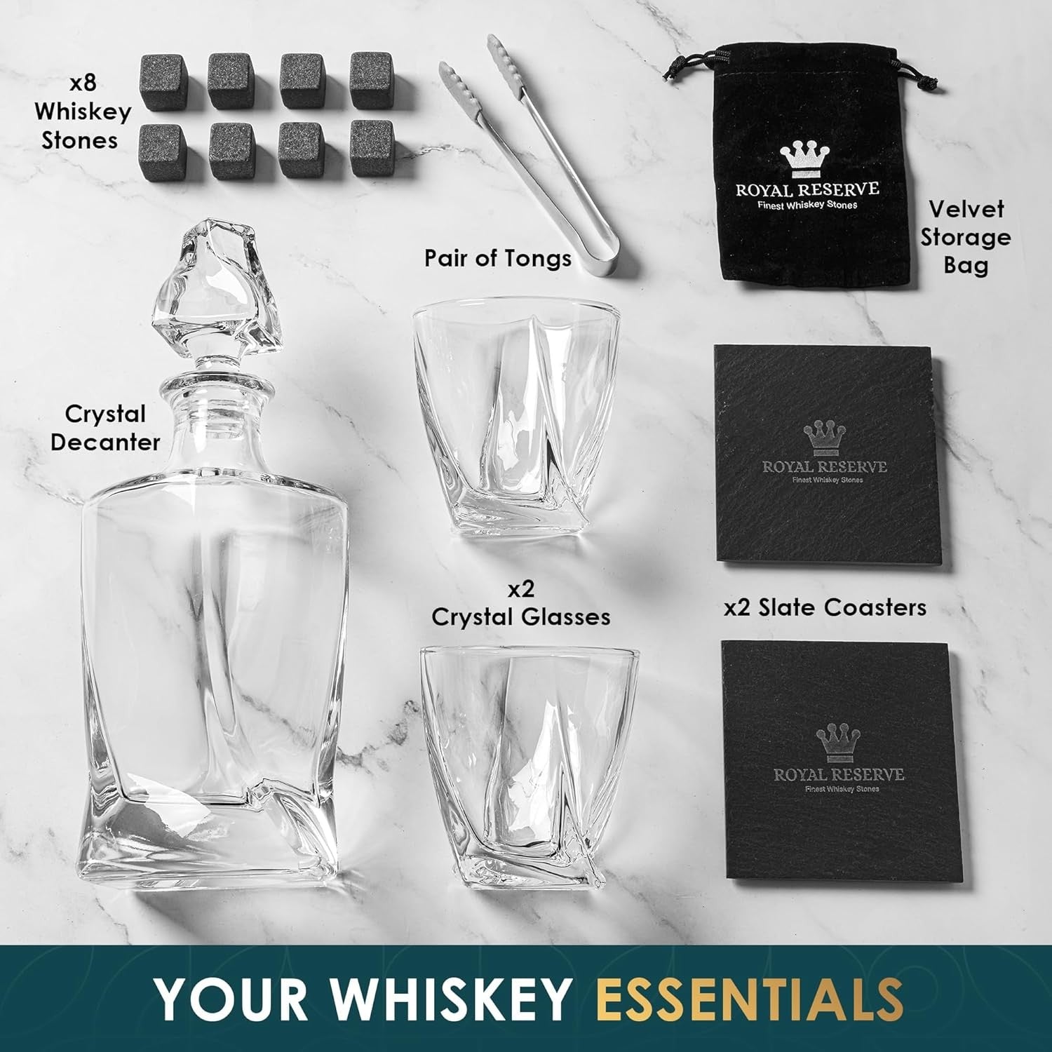 Premium 1000ml Twisted Whisky Decanter Set with Glasses Stones & Wooden Box