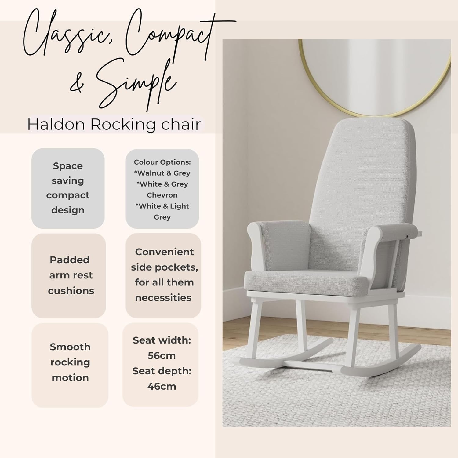 Nursery Rocking Chair Armchair Compact Glider w/ Storage Pockets Grey