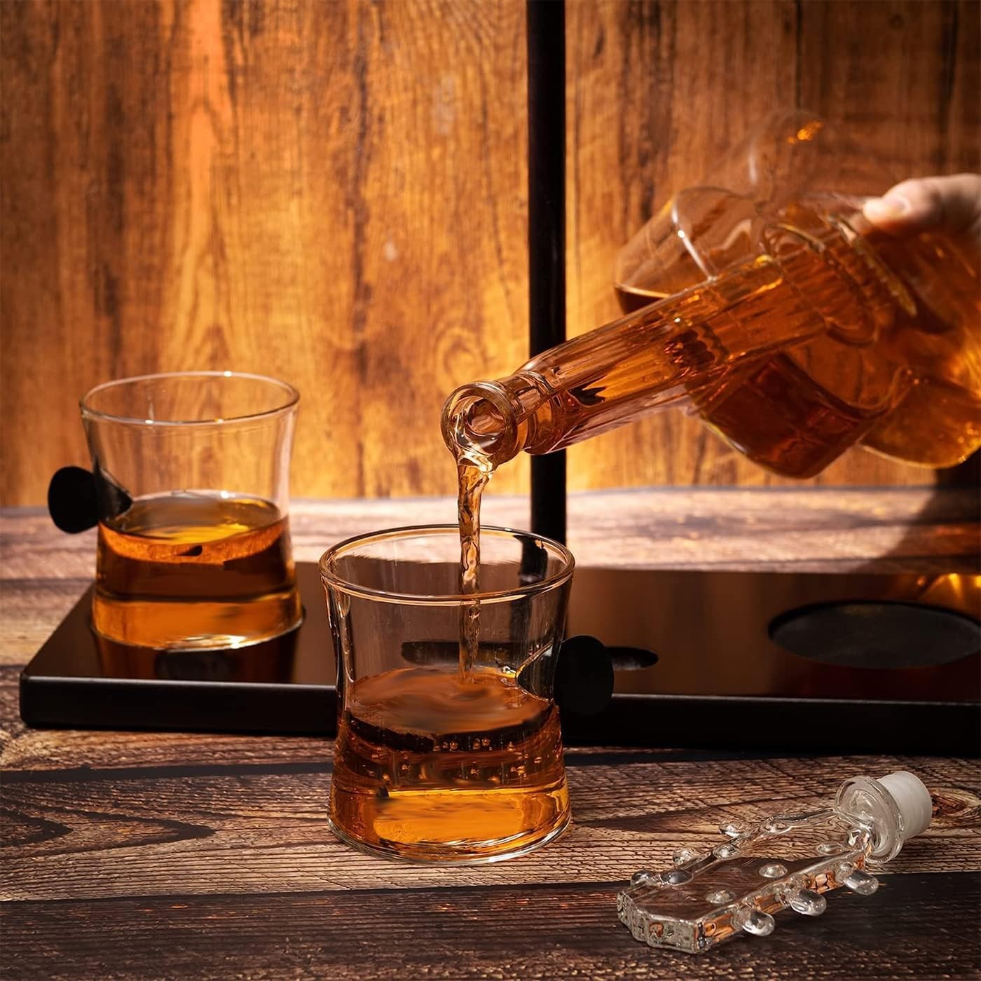 Guitar Whiskey Decanter 1L with Mahogany Base & 2 Glasses Music Lover Gift
