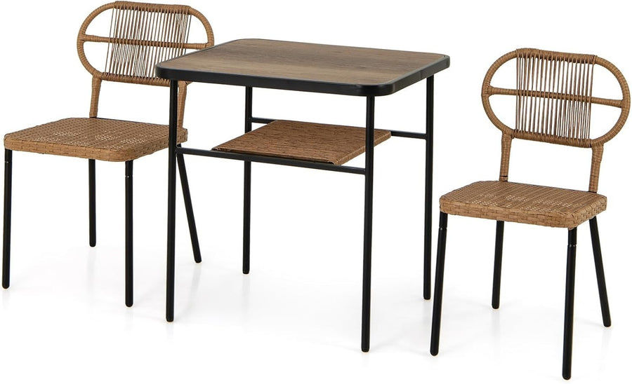3 Piece Rattan Bistro Set Outdoor Table 2 Stackable Chairs Storage Shelf