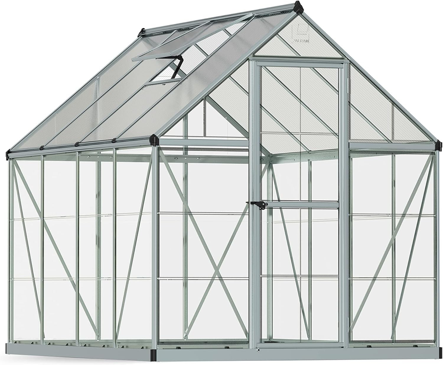 6x8ft Aluminium Greenhouse with Polycarbonate Panels & Roof Vent – Silver