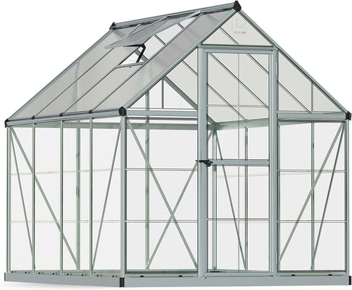 6x8ft Aluminium Greenhouse with Polycarbonate Panels & Roof Vent – Silver