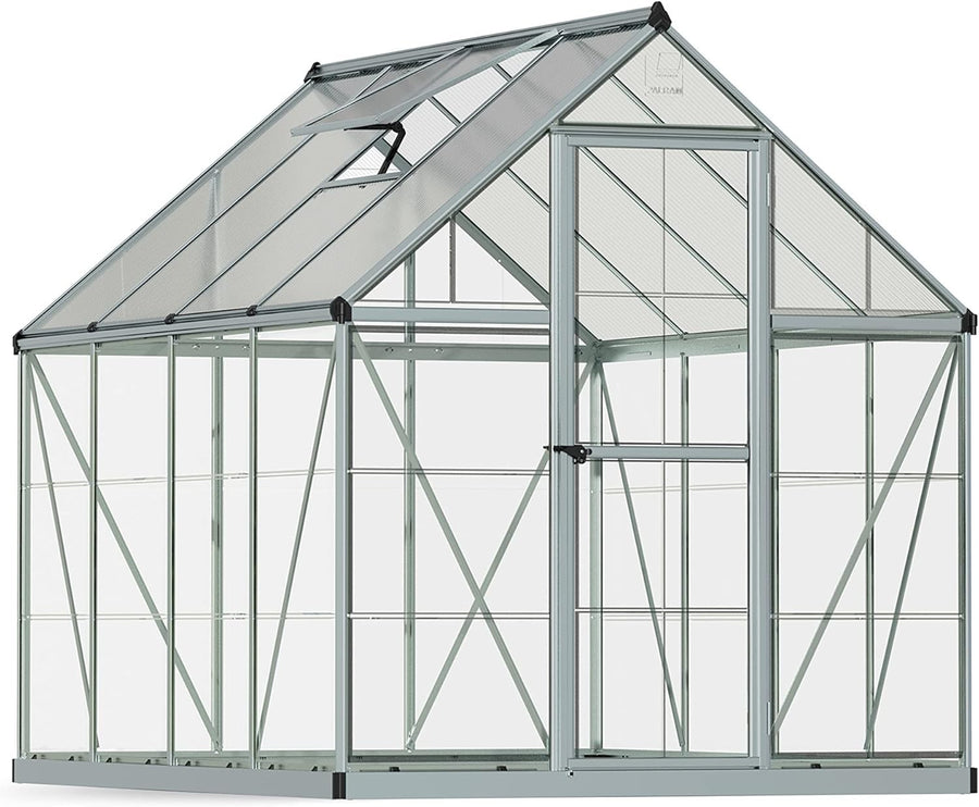 6x8ft Aluminium Greenhouse with Polycarbonate Panels & Roof Vent – Silver