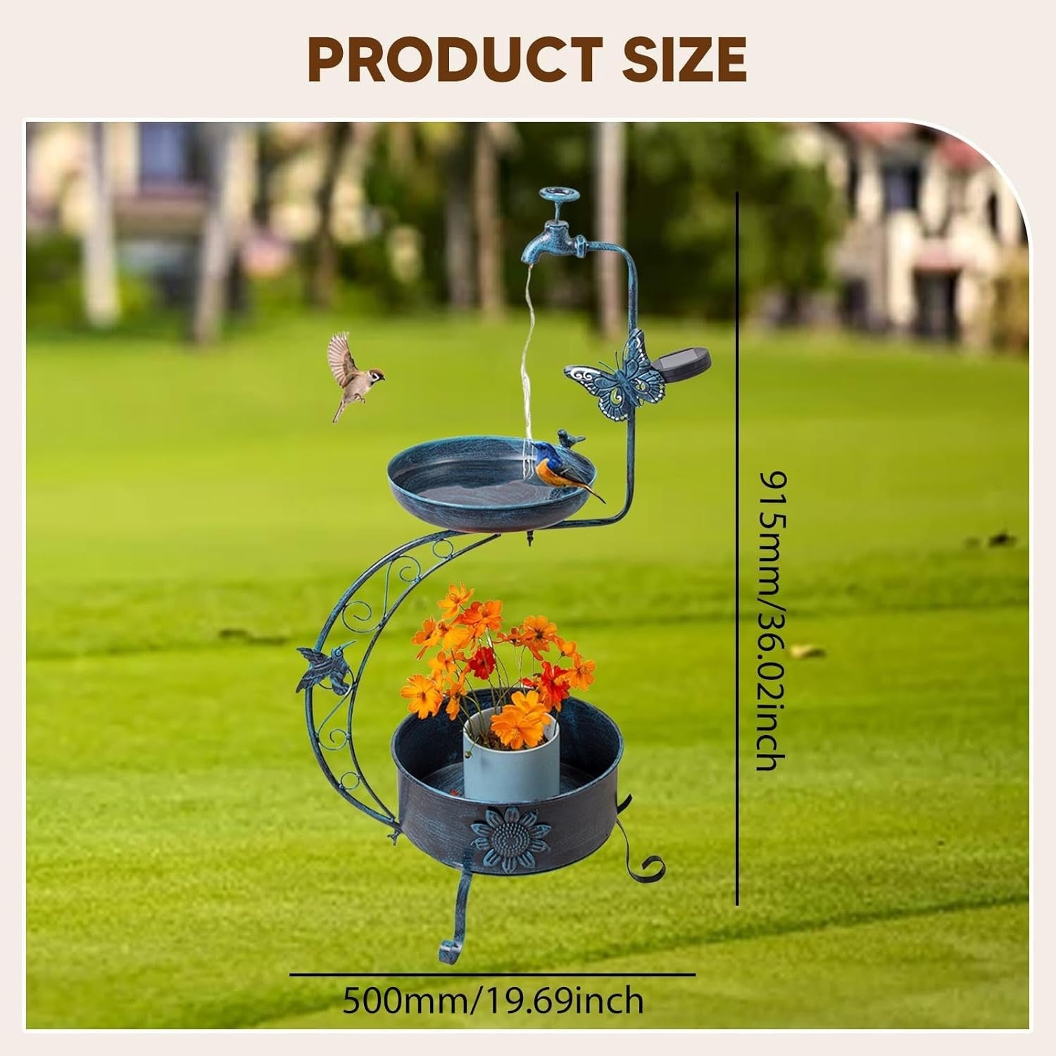 Outdoor Bird Bath with Solar Light & Planter Stand 36” Garden Patio Decor