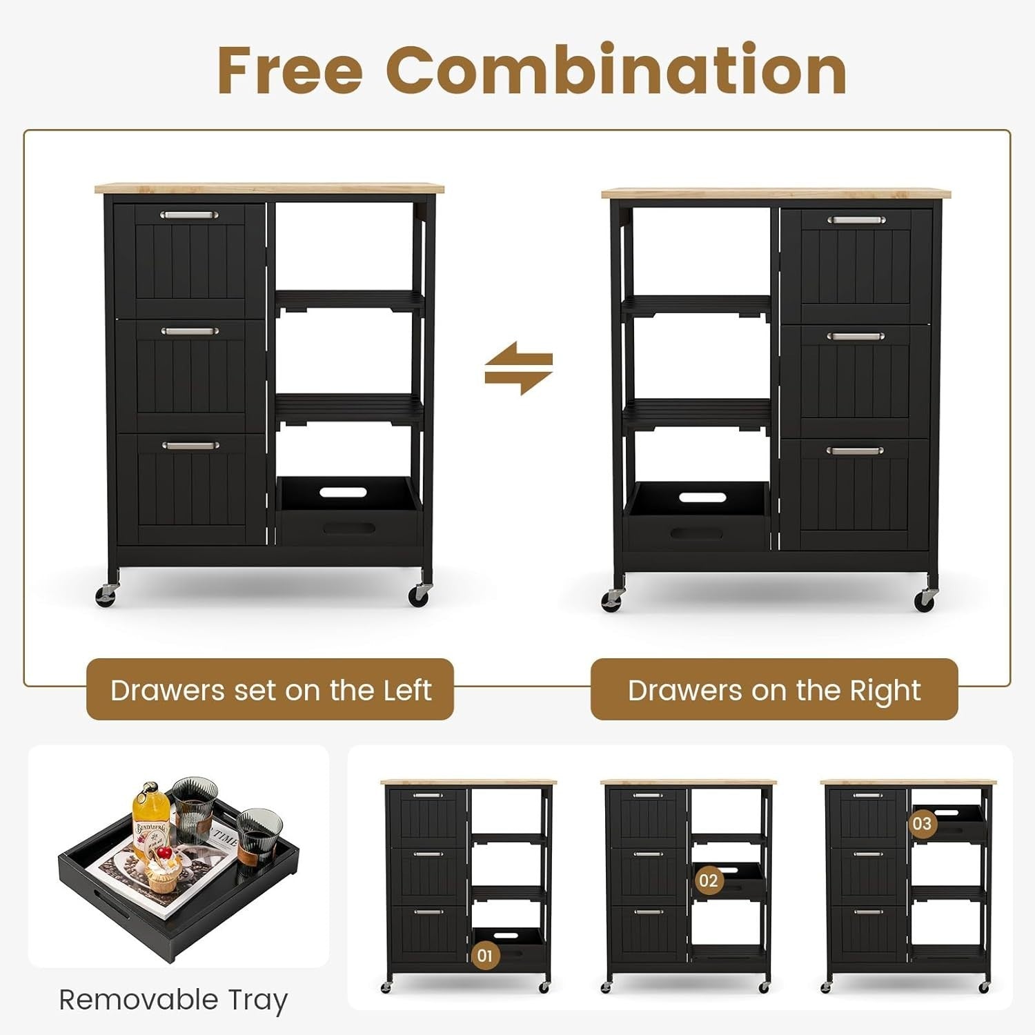 Rolling Kitchen Island Cart with 3 Drawers, Open Shelves & Sturdy Wheels