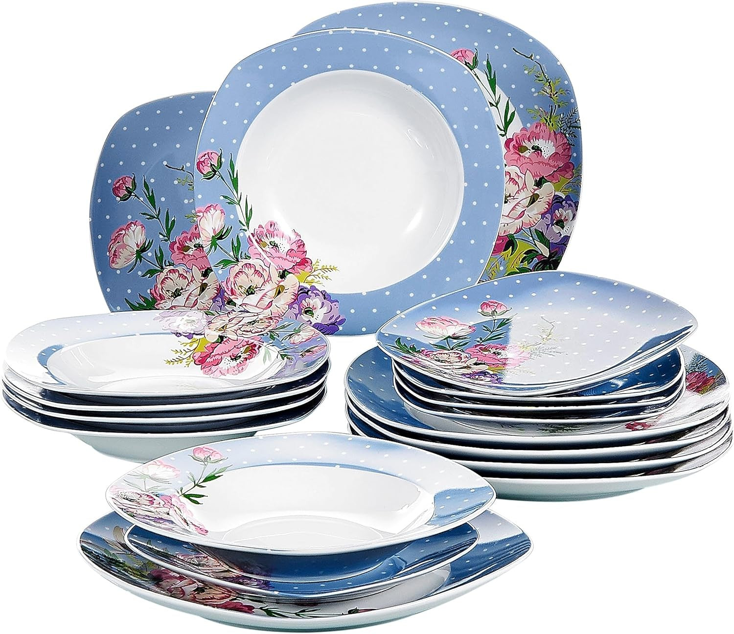 18 Piece Porcelain Dinner Set for 6 Floral Plates Bowls Microwave Safe