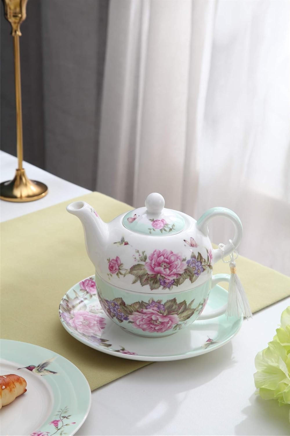 Tea For One Teapot Cup Saucer Set Teal Floral Bird Rose Gift Box