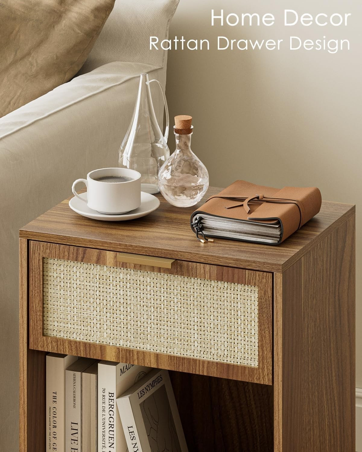 Modern Rattan Bedside Table with Drawer & Shelf – Walnut Wood Nightstand