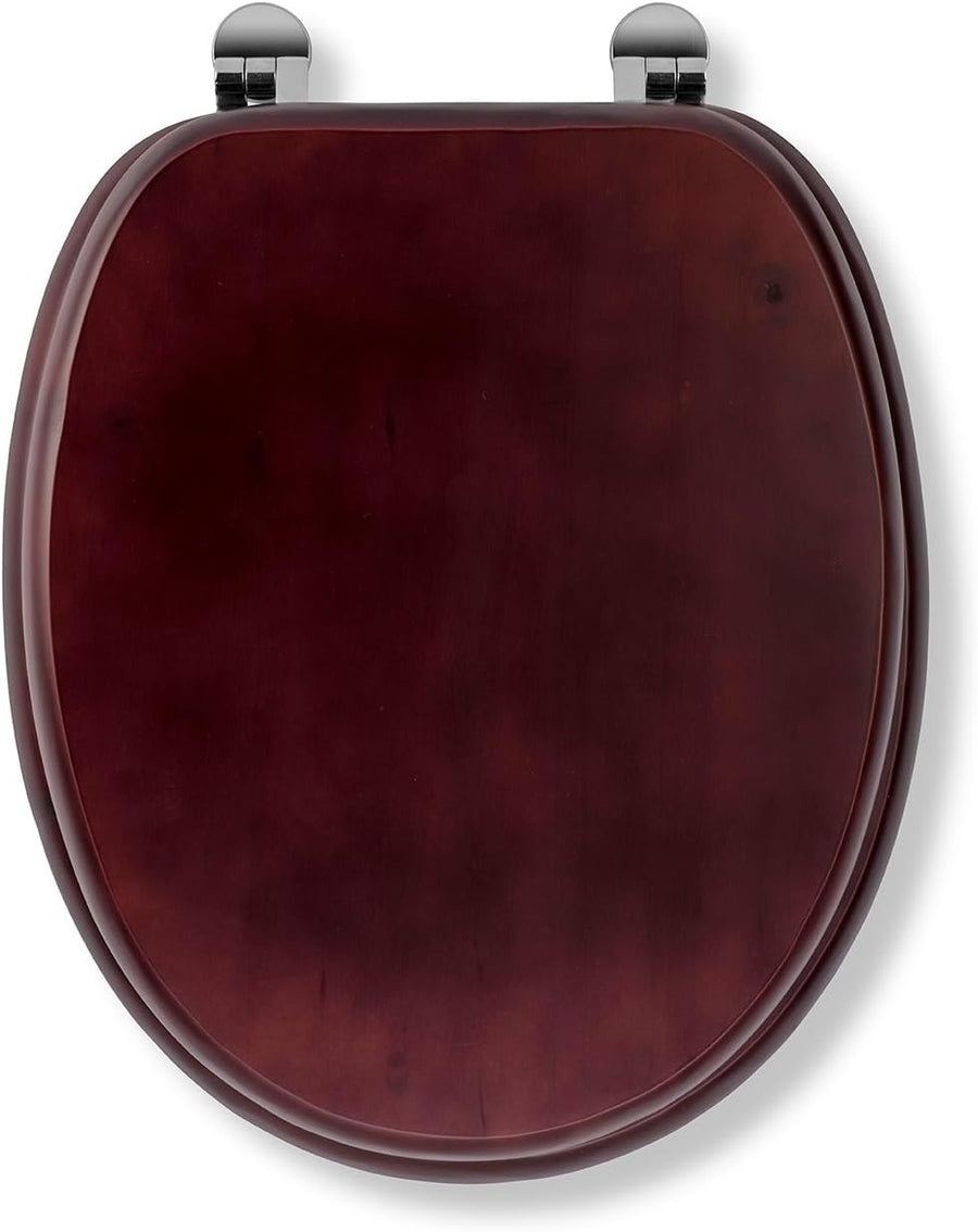 Solid Wood Toilet Seat Mahogany Wooden Oval Adjustable Hinges Chrome Fixings