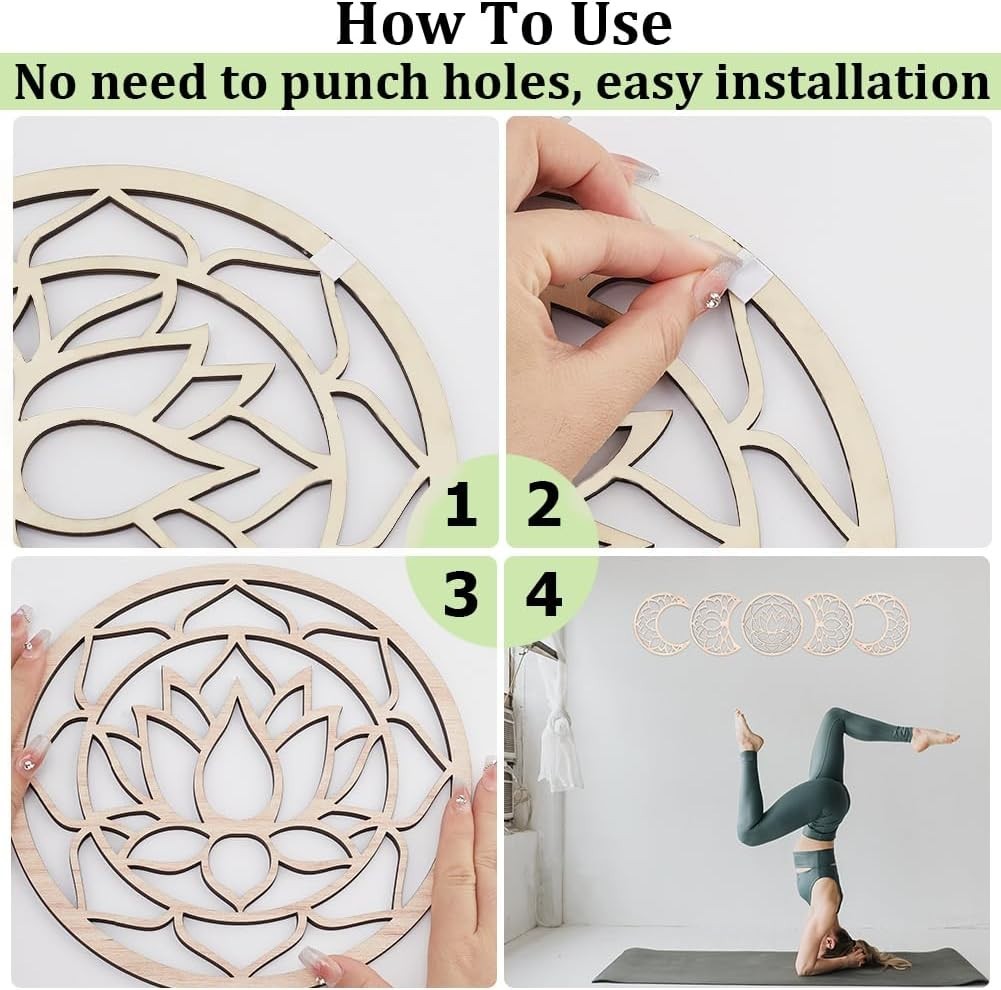 Moon Phase Wall Decor Wooden Boho Lotus 5-Piece Hanging Art