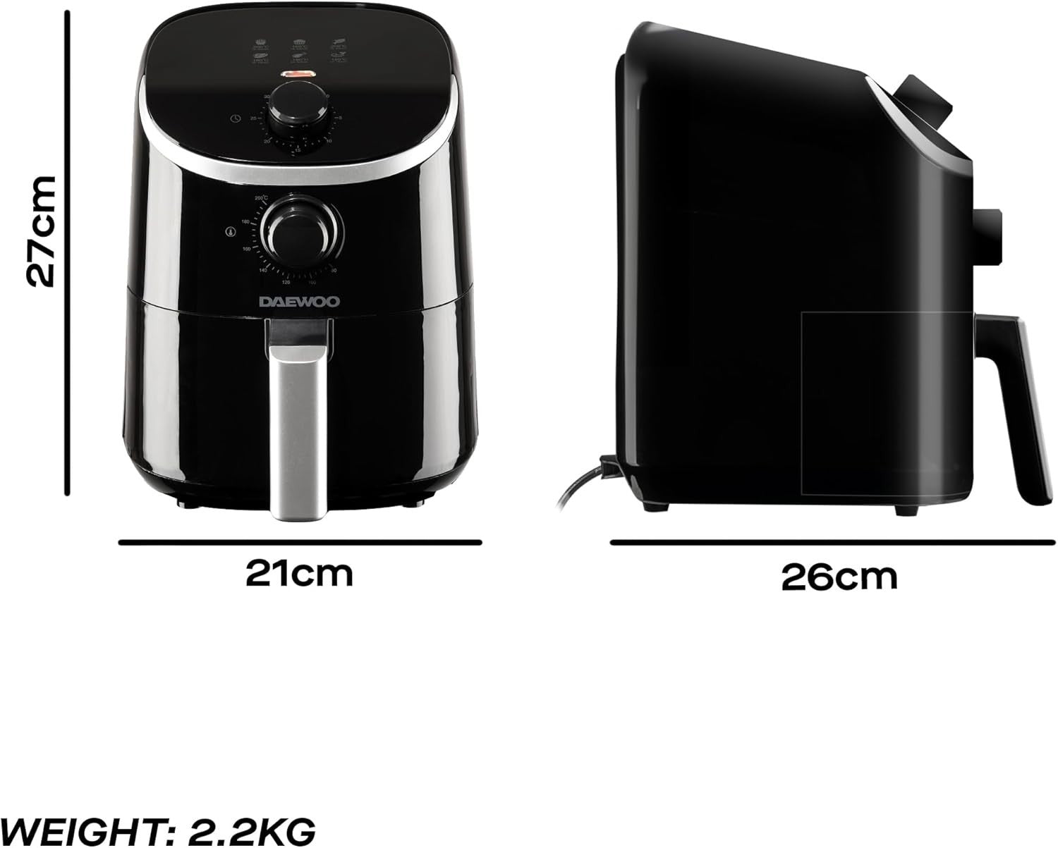 Compact Air Fryer 2L | Mini Space-Saving Healthy Cooker 80–200°C Timer Black