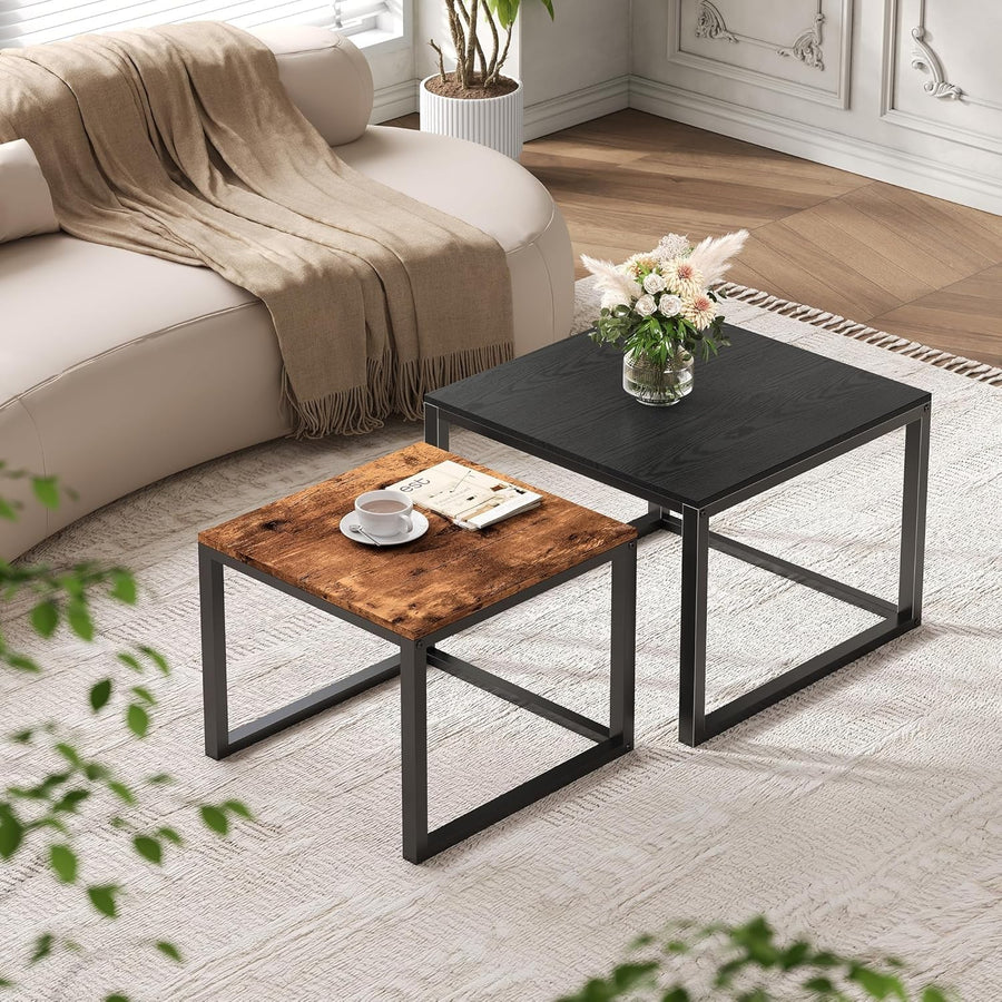 Nesting Coffee Table Set of 2 Square End Tables Black-brown Modern Living Room