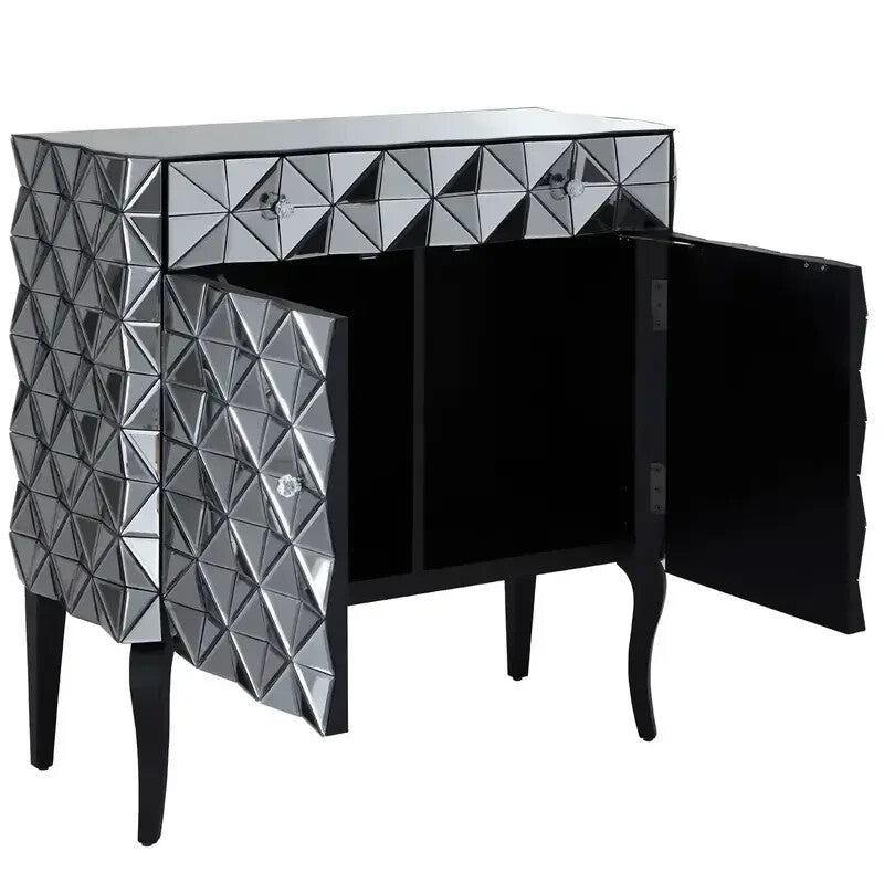 Silver Mirrored Cabinet Modern Geometric Storage Unit with 3D Design