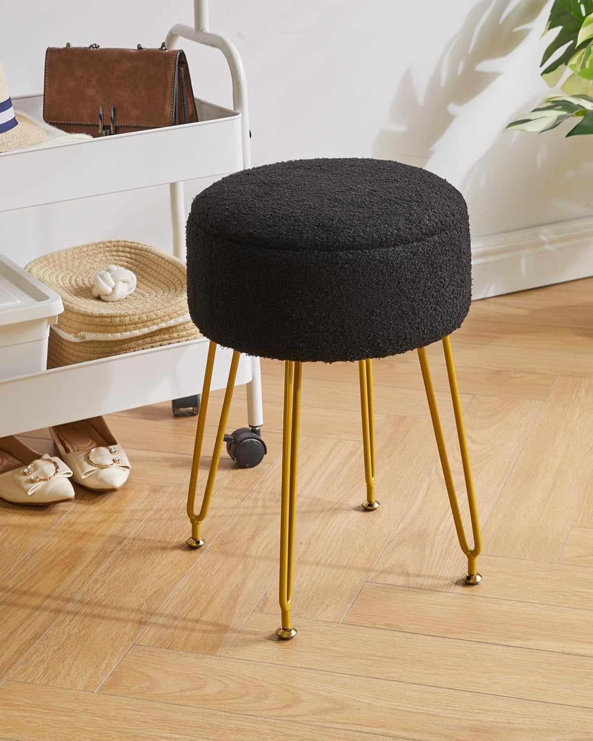Black Teddy Velvet Storage Footrest Stool – Vanity Ottoman with Golden Legs