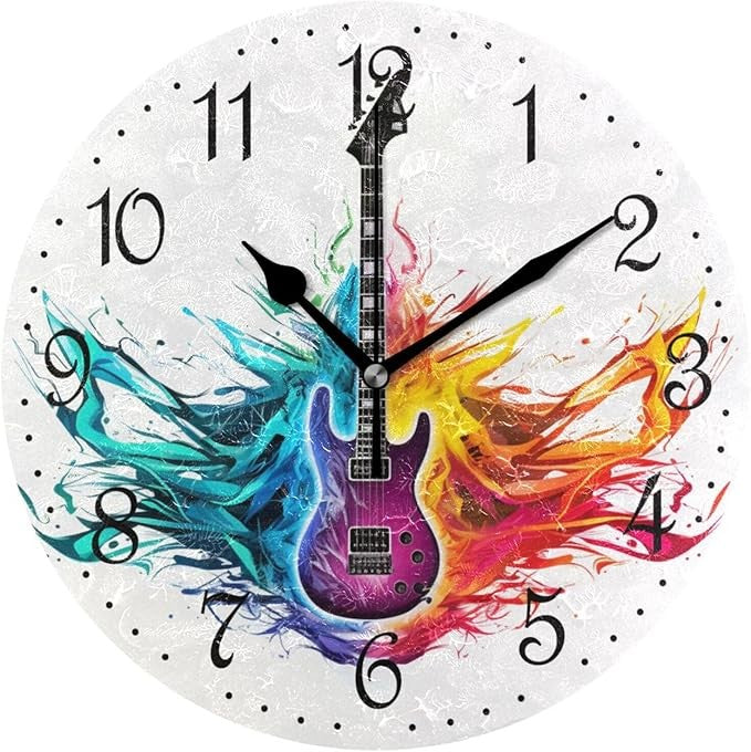 Colourful Guitar Wall Clock 25cm Music Art Silent Non-Ticking Creative Home Deco