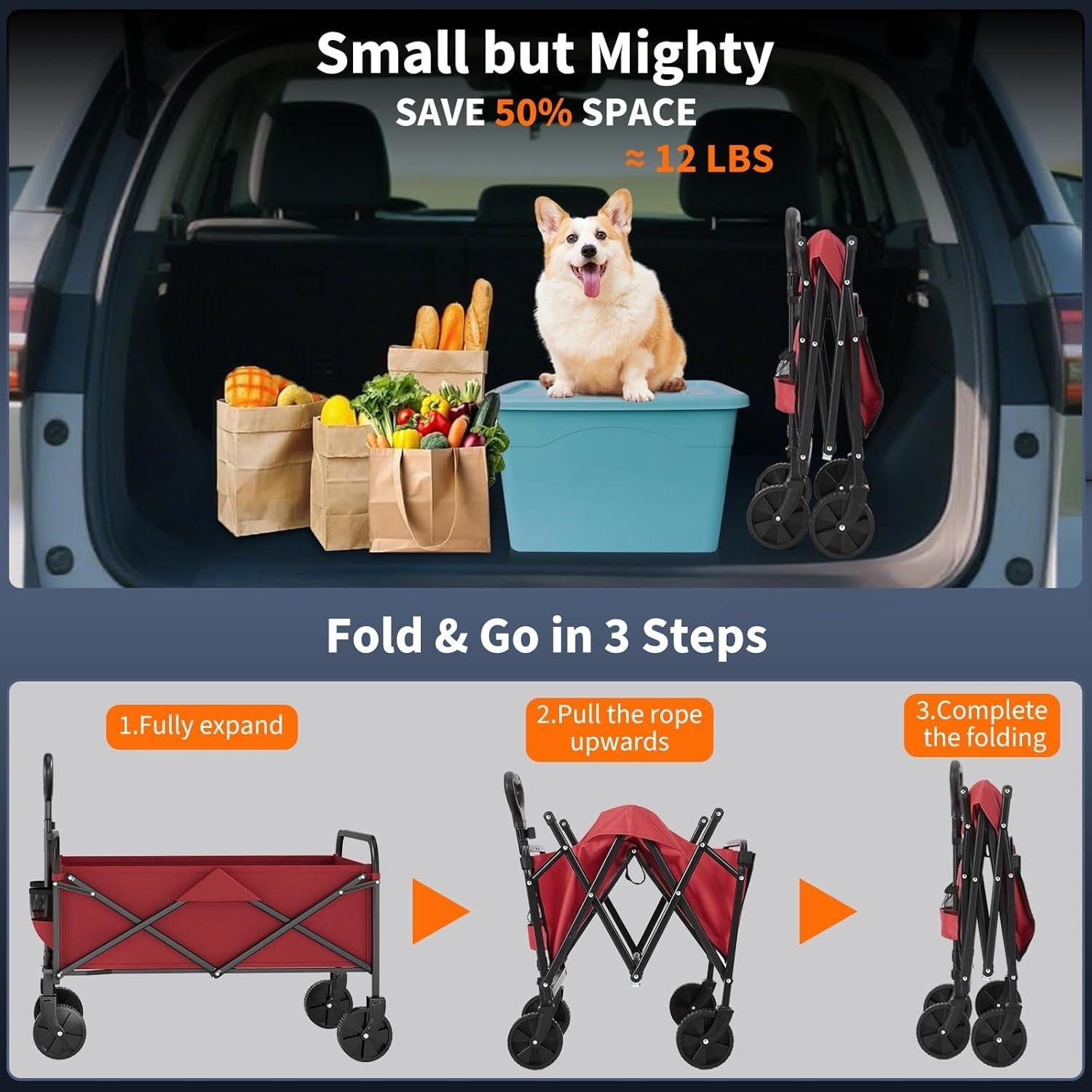 220L Folding Festival Wagon Heavy Duty Cart 172kg Load All Terrain Wheels Red
