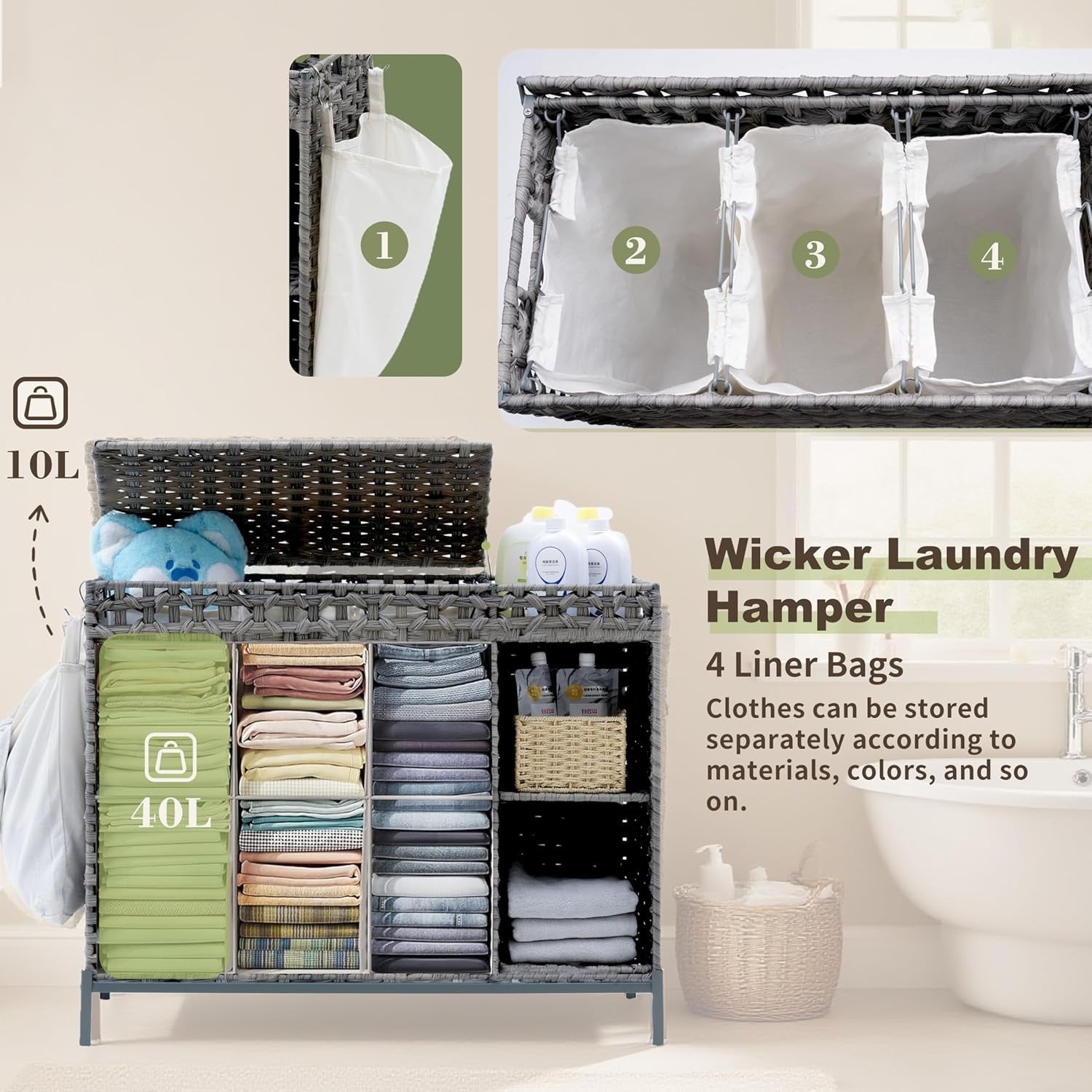 130L Grey Rattan Laundry Hamper 3 Section Basket with Lid & Storage Shelf
