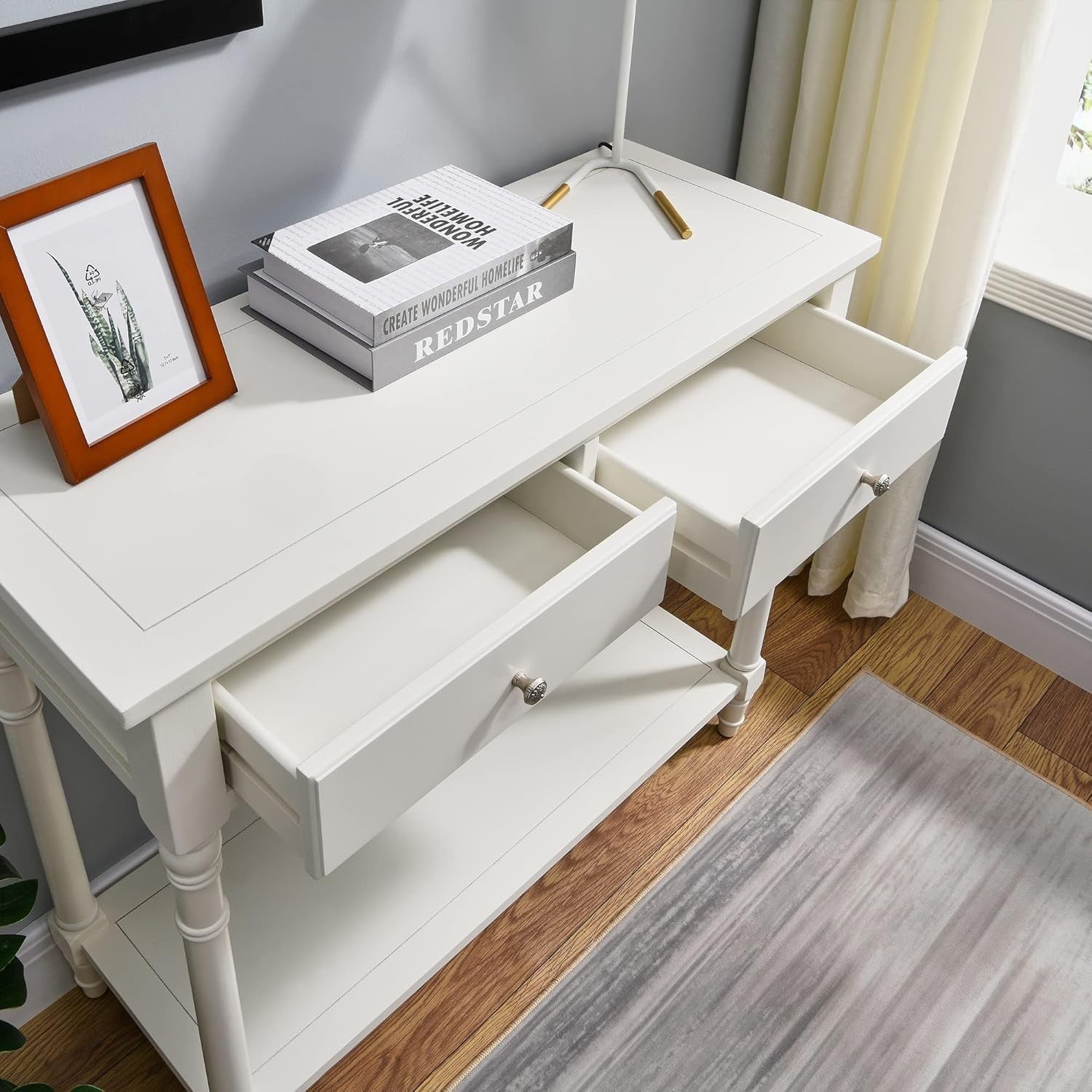 White Solid Wood Console Table 90x35x77cm with 2 Drawers & Shelf