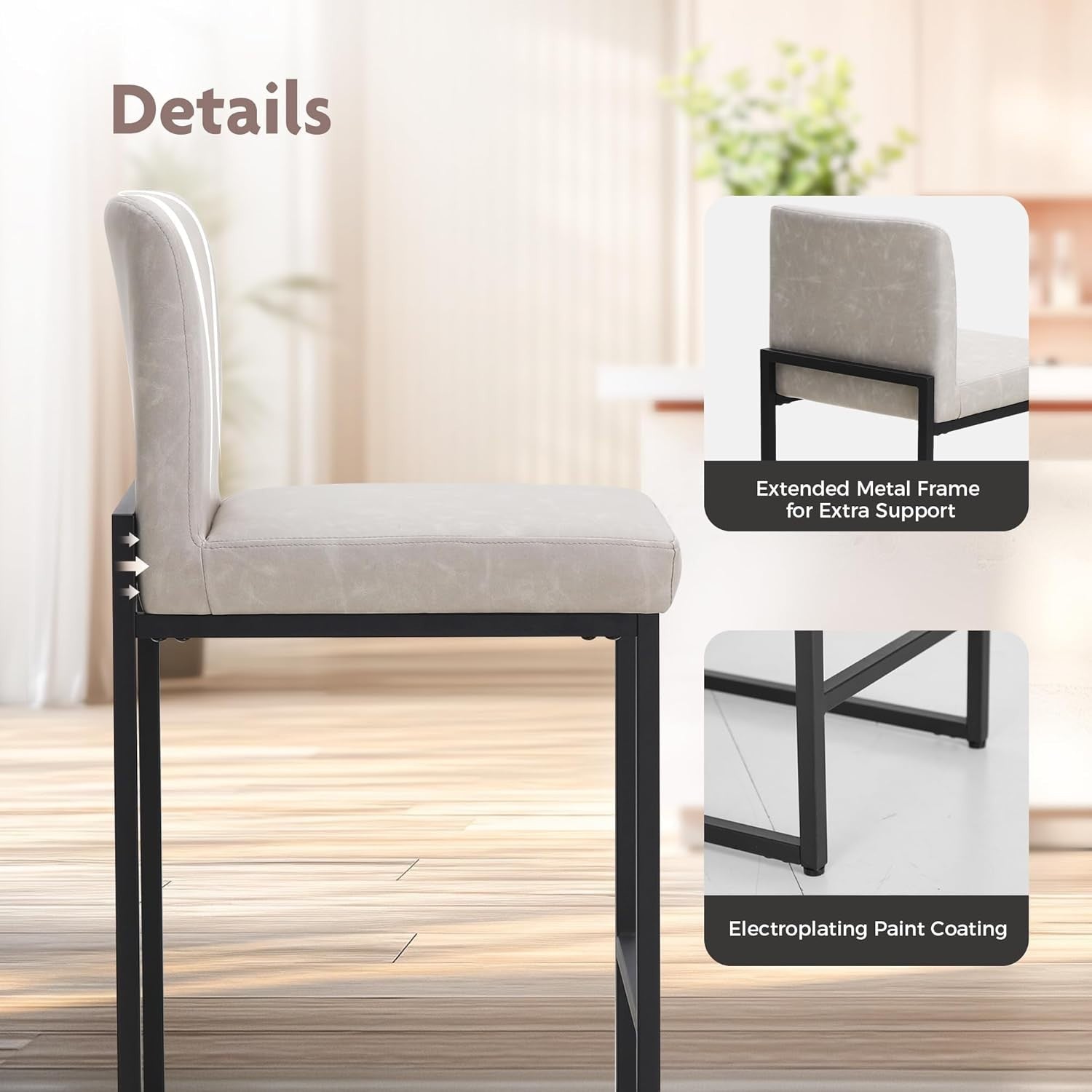 Modern Bar Stools Set of 2 Light Grey Faux Leather 47x47x60cm