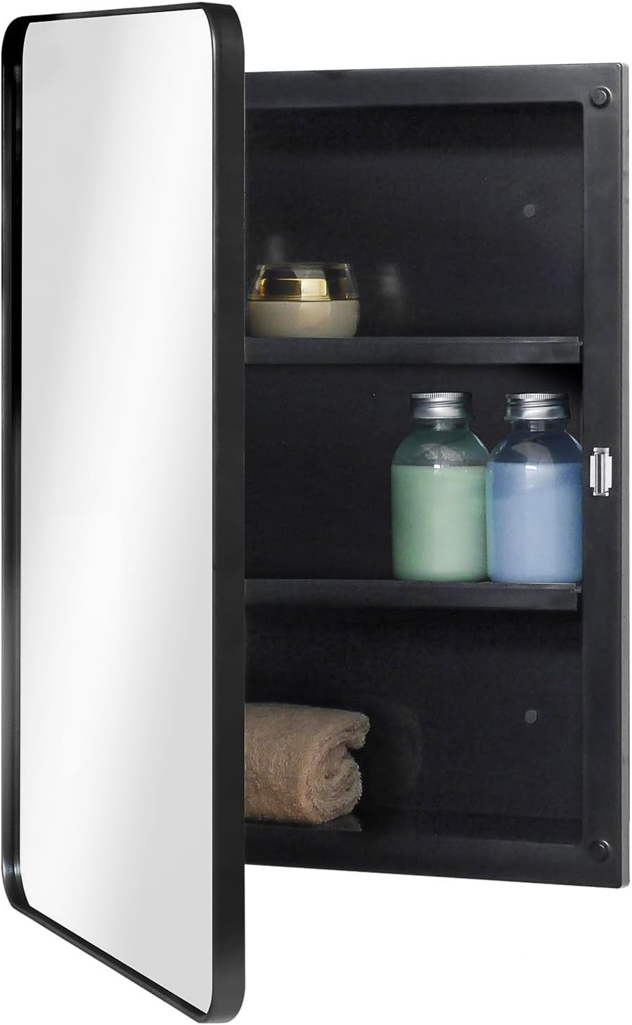 Wall-Mount Black Plastic Mirror Cabinet with Lockable Door & Adjustable Shelves