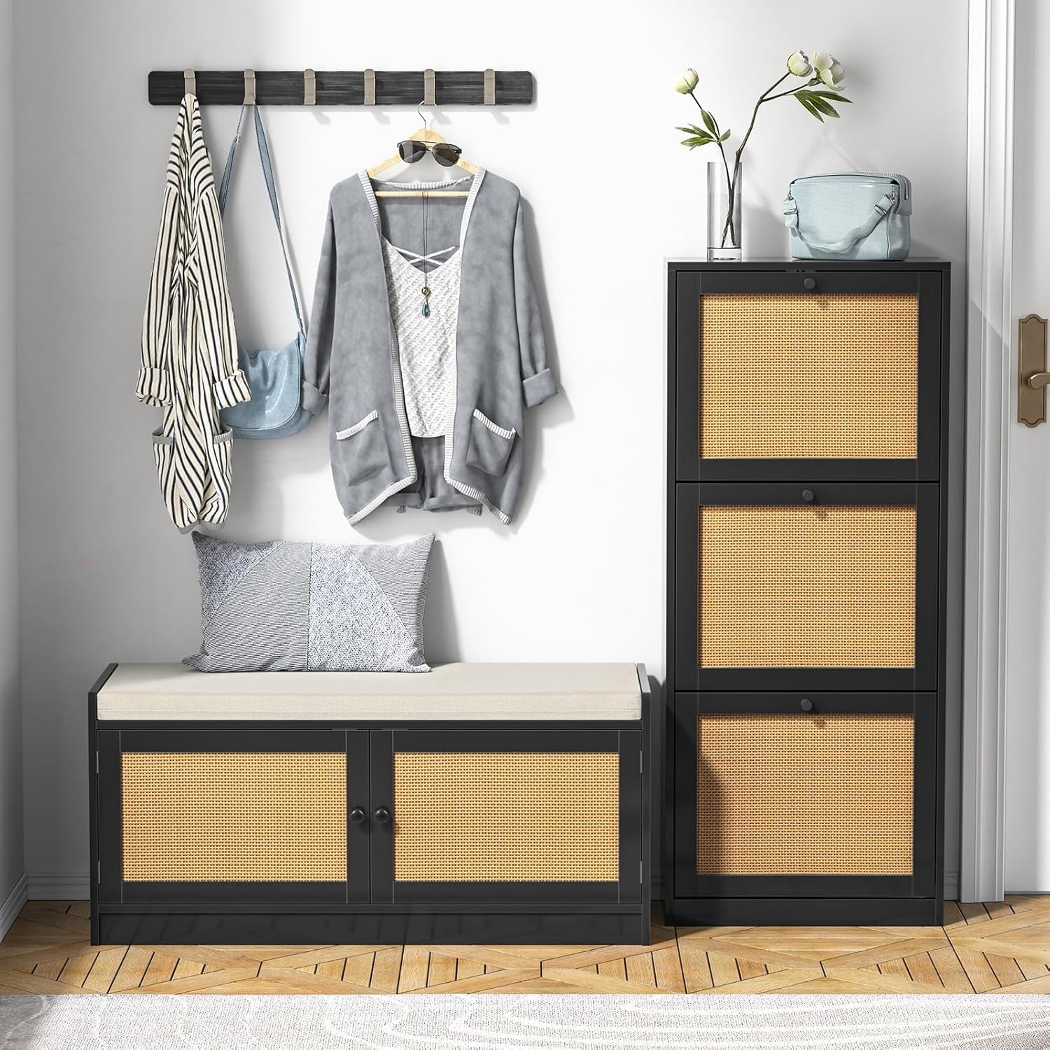 Rattan Shoe Cabinet 3 Flip Drawer Storage Cupboard Adjustable Shelves 51x122cm