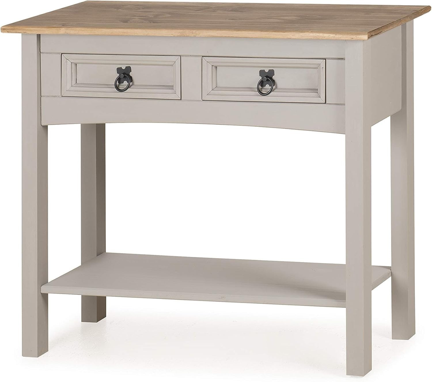 Grey 2 Drawer Console Table with Wax Finish, Solid Pine, Distressed Look