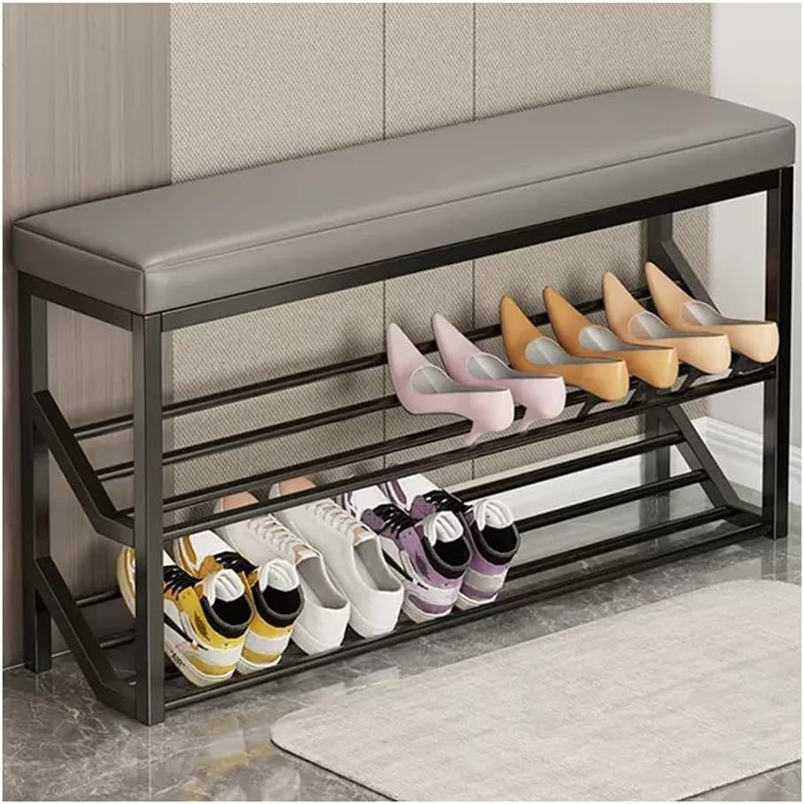 2-Tier Entryway Shoe Bench with Padded Seat & Metal Storage Rack Black Gray