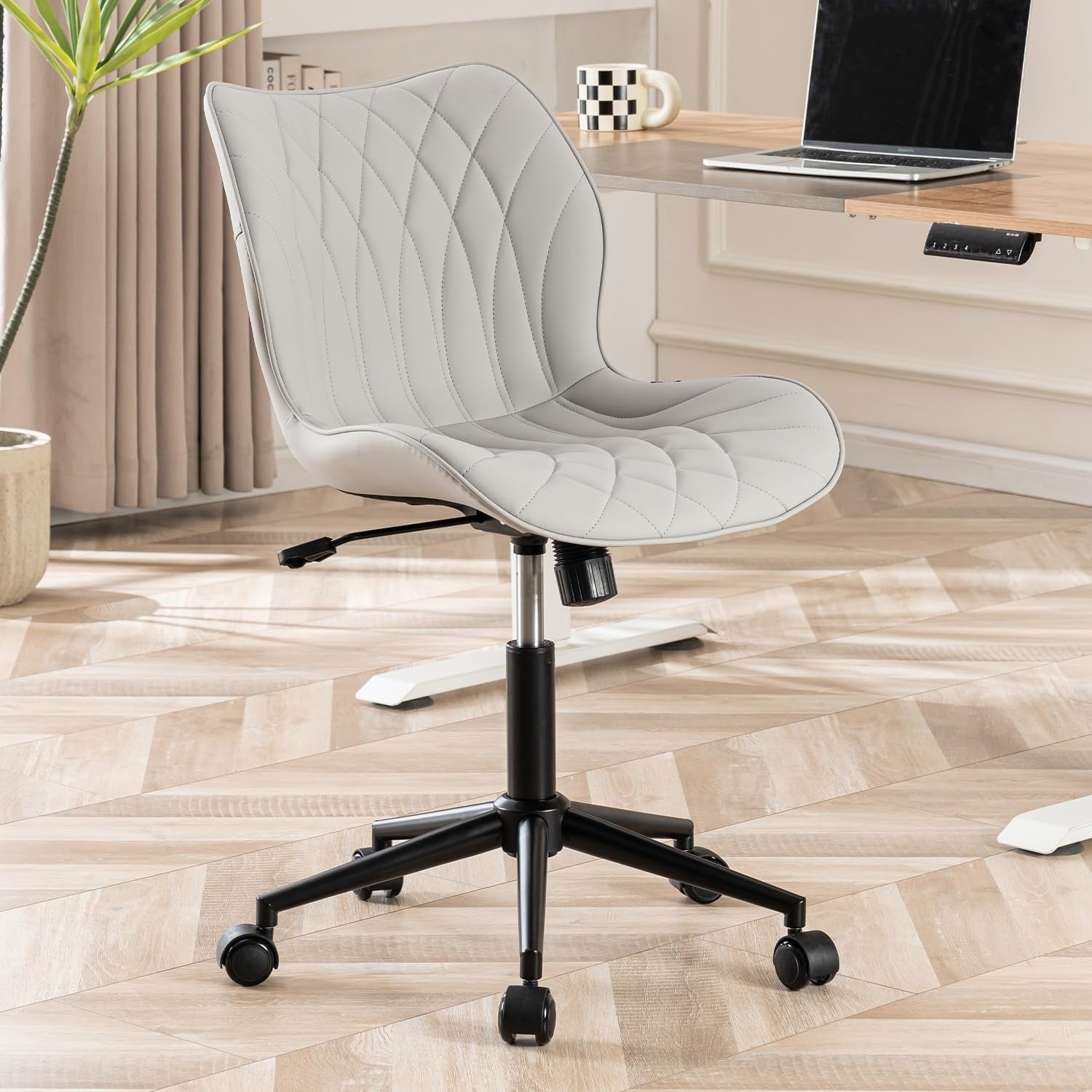 Armless Swivel Office Desk Chair Cushioned Rolling Home Study Grey Faux Leather