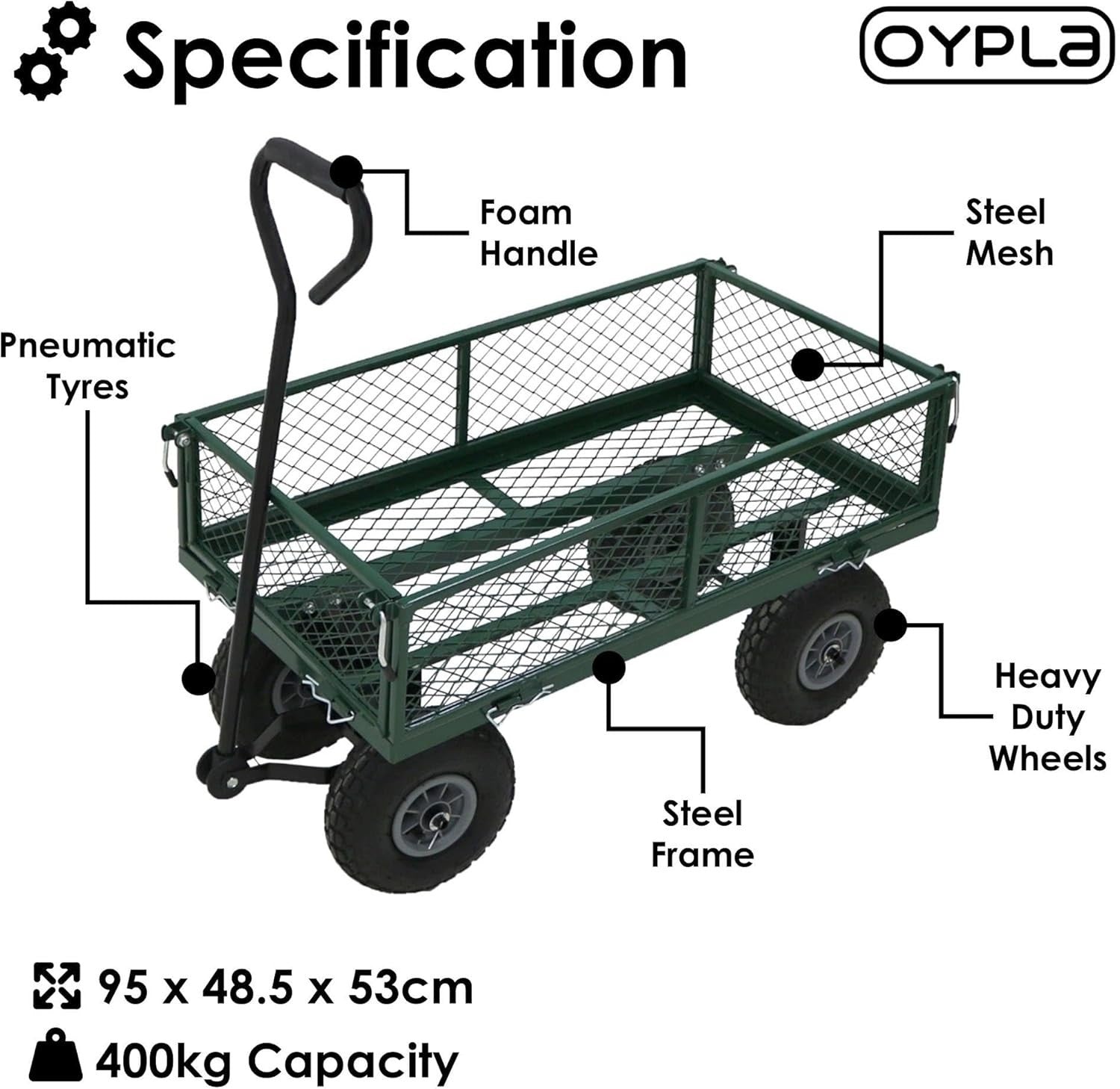 Heavy Duty Metal Garden Trolley Cart Green Mesh Wagon 400kg Capacity All Terrain