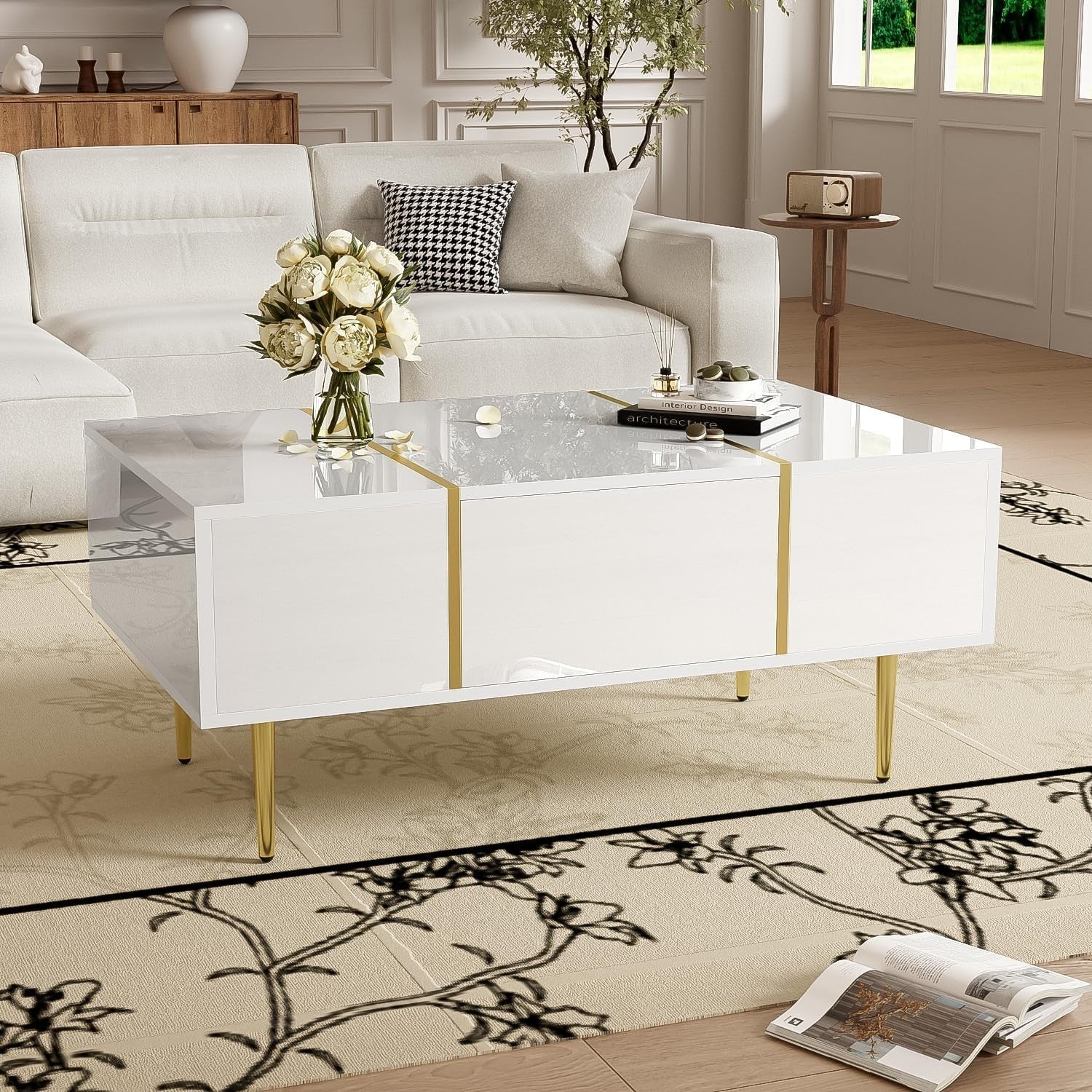 White High-Gloss Coffee Table with Storage Drawers & Gold Accents, 100x60x41cm