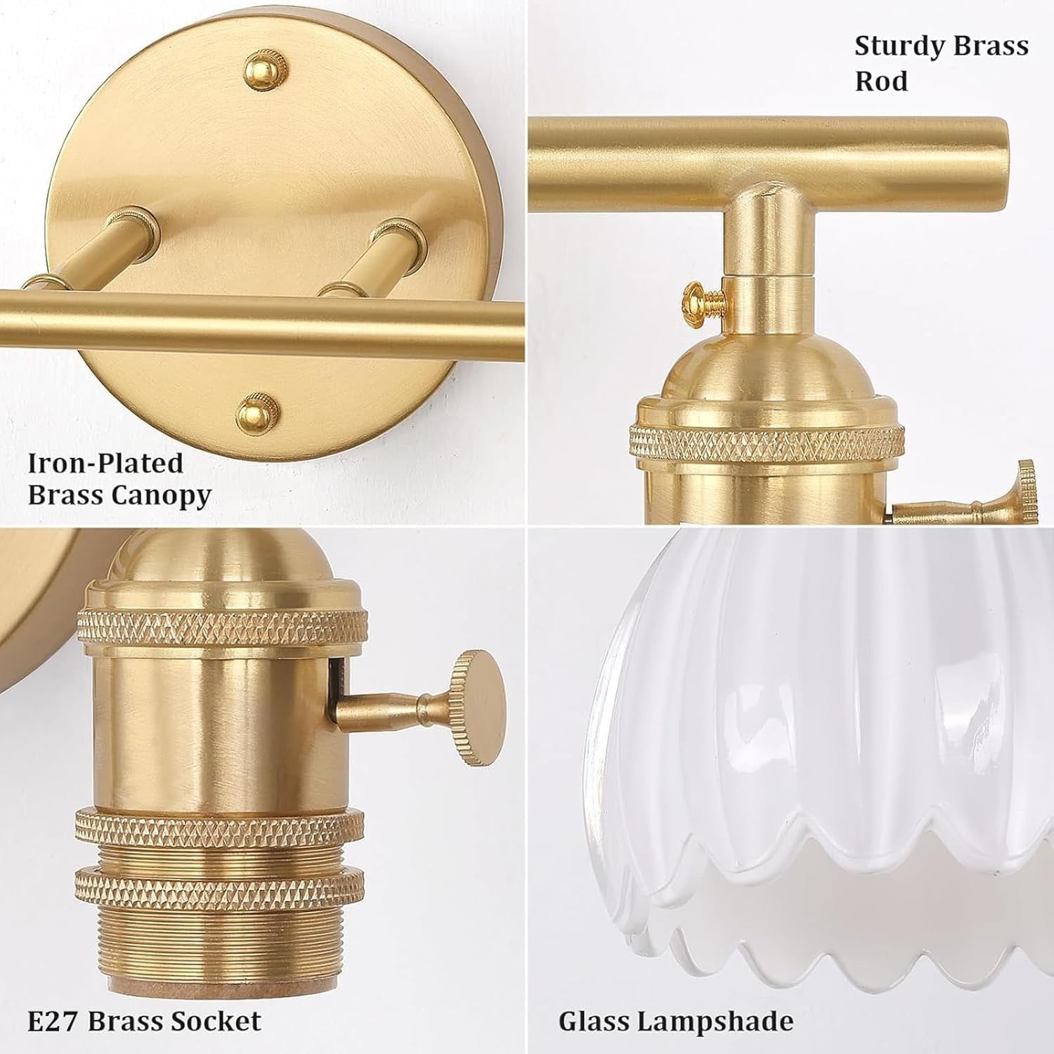2-Light White Glass Wall Sconce Vanity Light Brass Fixture for Bathroom