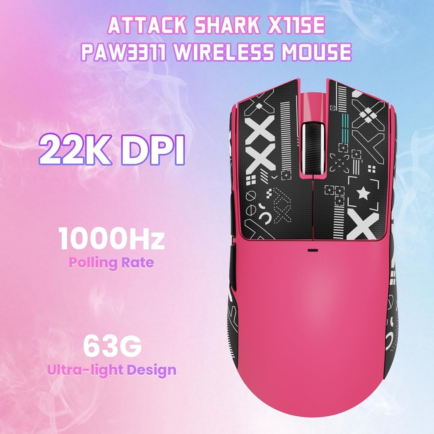 Lightweight Gaming Mouse 22K DPI 63g RGB Tri-Mode Pink